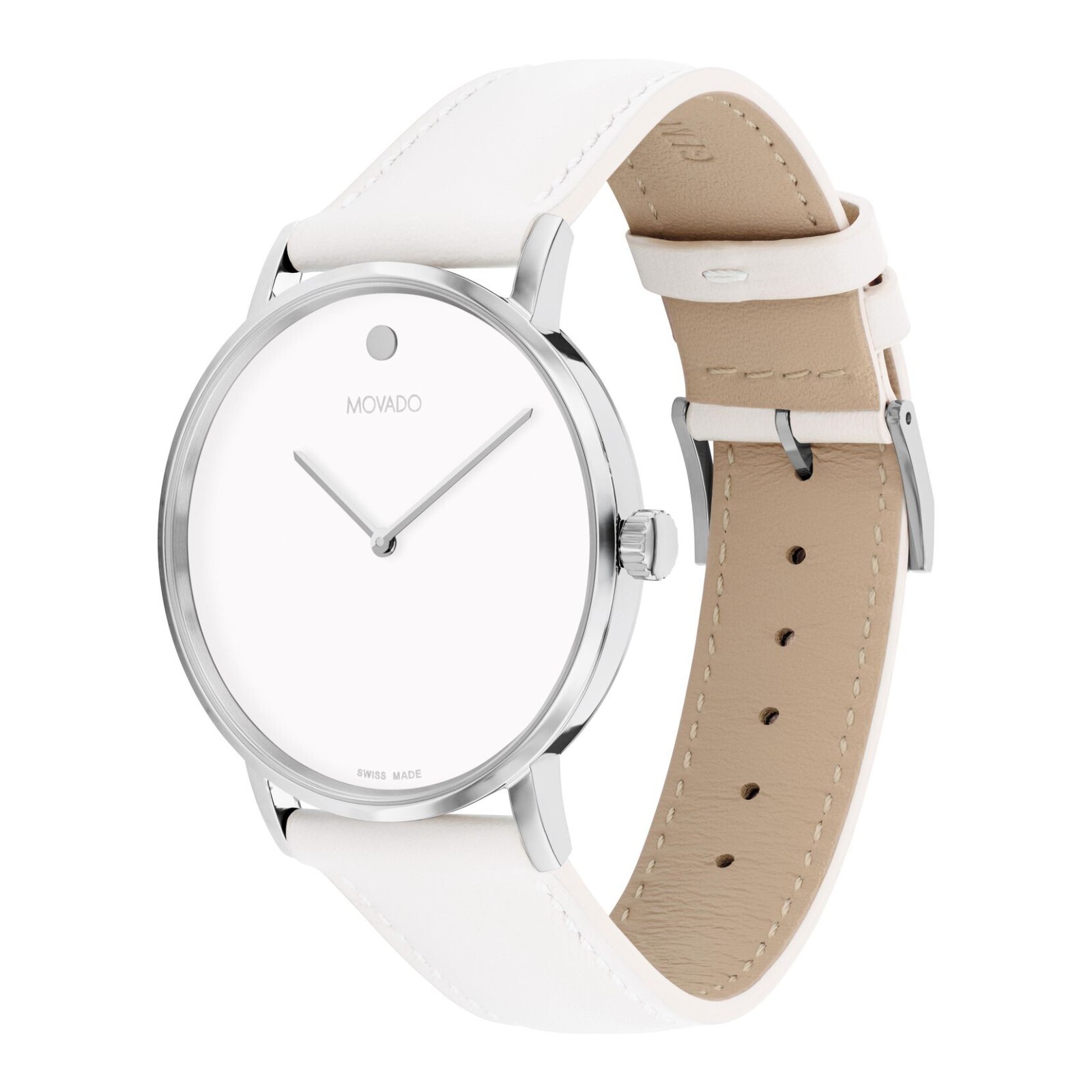 NEW! MOVADO Signature Ladies Watch White Dial & White Leather Band 0607832