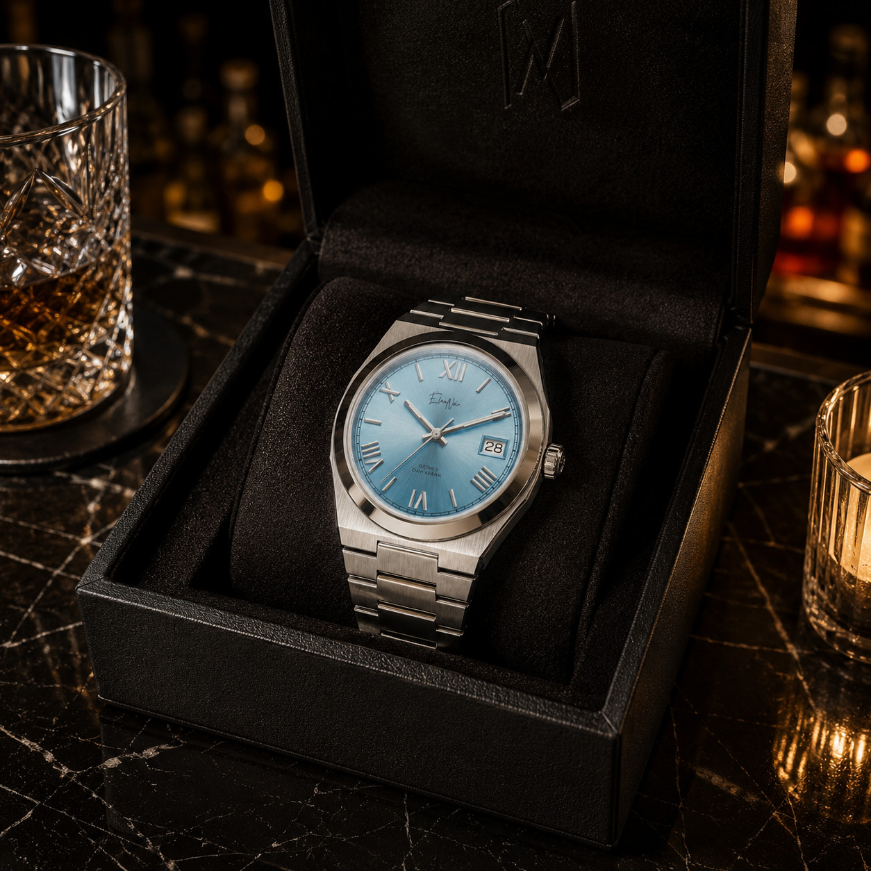 Custom Élan Noir Série I Lagoon Blue 36mm Auto NH35 Sapphire Crystal Steel Watch