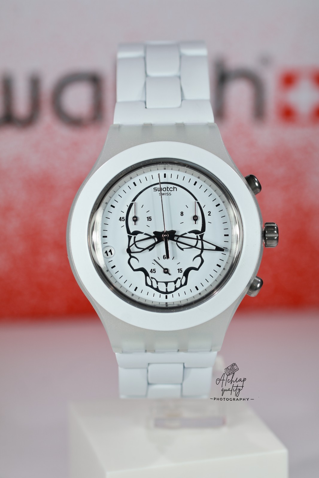 New Swatch Irony Diaphane Full Blooded White Watch Skull Quartz SVCW4000AG 43MM