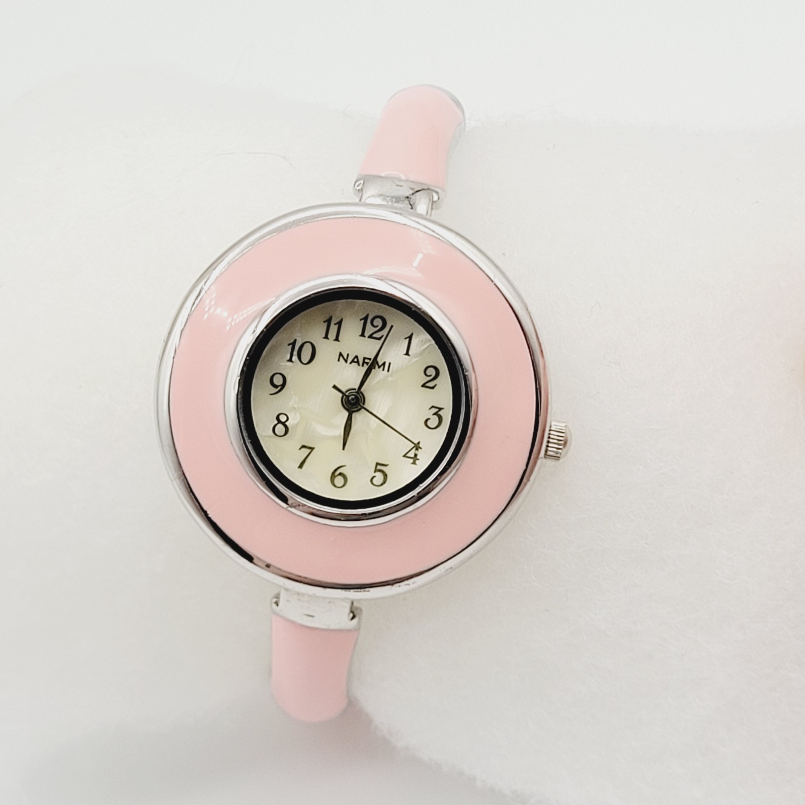 Narmi Womens Bangle Cuff Watch Silver Tone Pink Enamel Modernist Working 6.5″