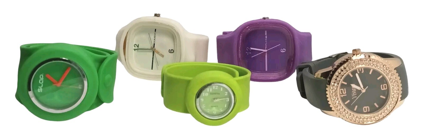 Lot of 5 Quartz Watches w/ Silicone Bands Vivani, Slap, Narmi, Geneva, S.S.Com