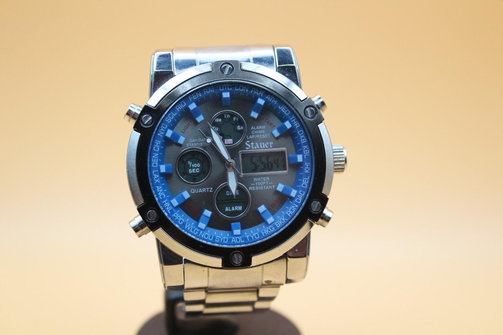 Stauer 33207 Quartz Blue Sunburst Analog Digital 48mm Chronograph 100FT WR