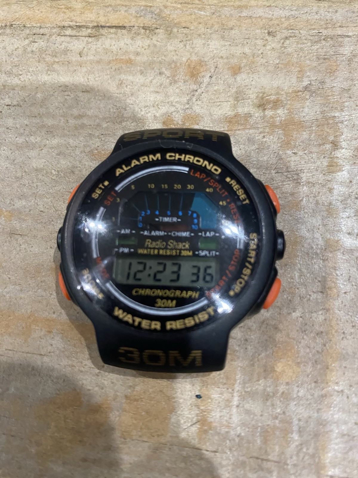 Vtg Radio Shack Sports Watch Mens Black And Orange Tone Chronograph 63-5080