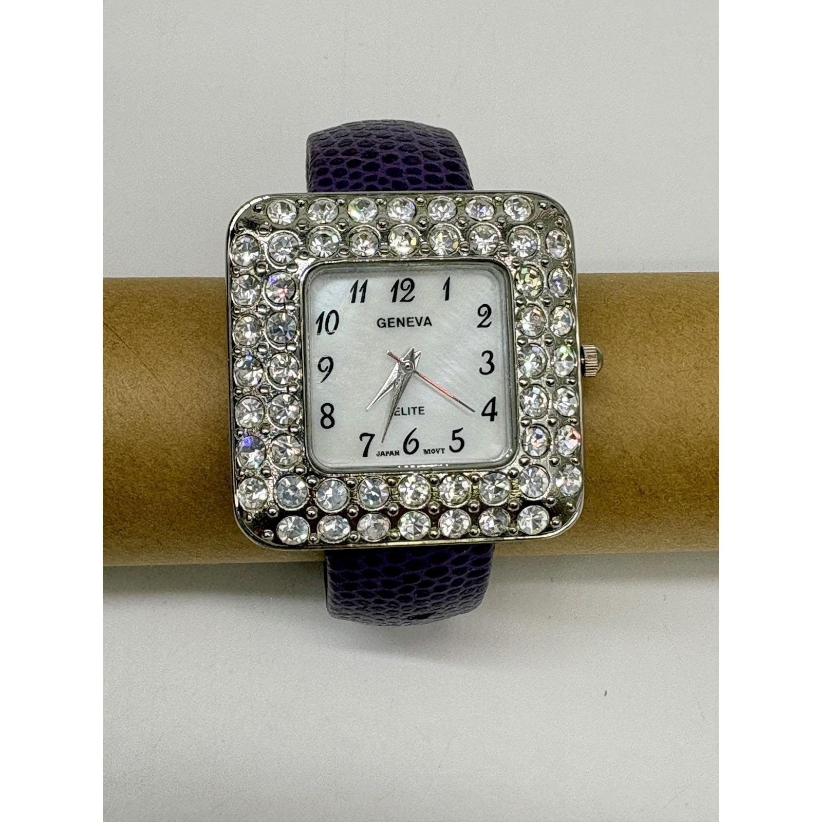 Geneva Elite 1182 Purple Lizard Texture Rhinestone Square Cuff Bangle Watch Mens