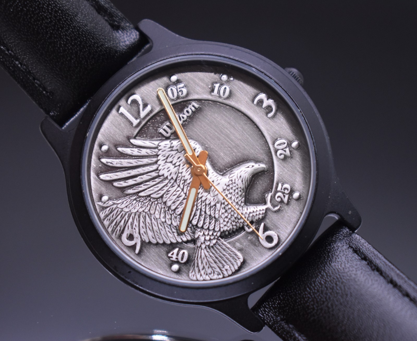 Vintage WILSON EAGLE Watch Black Embossed 3D Eagle Relief Men NEW BATTERY & BAND