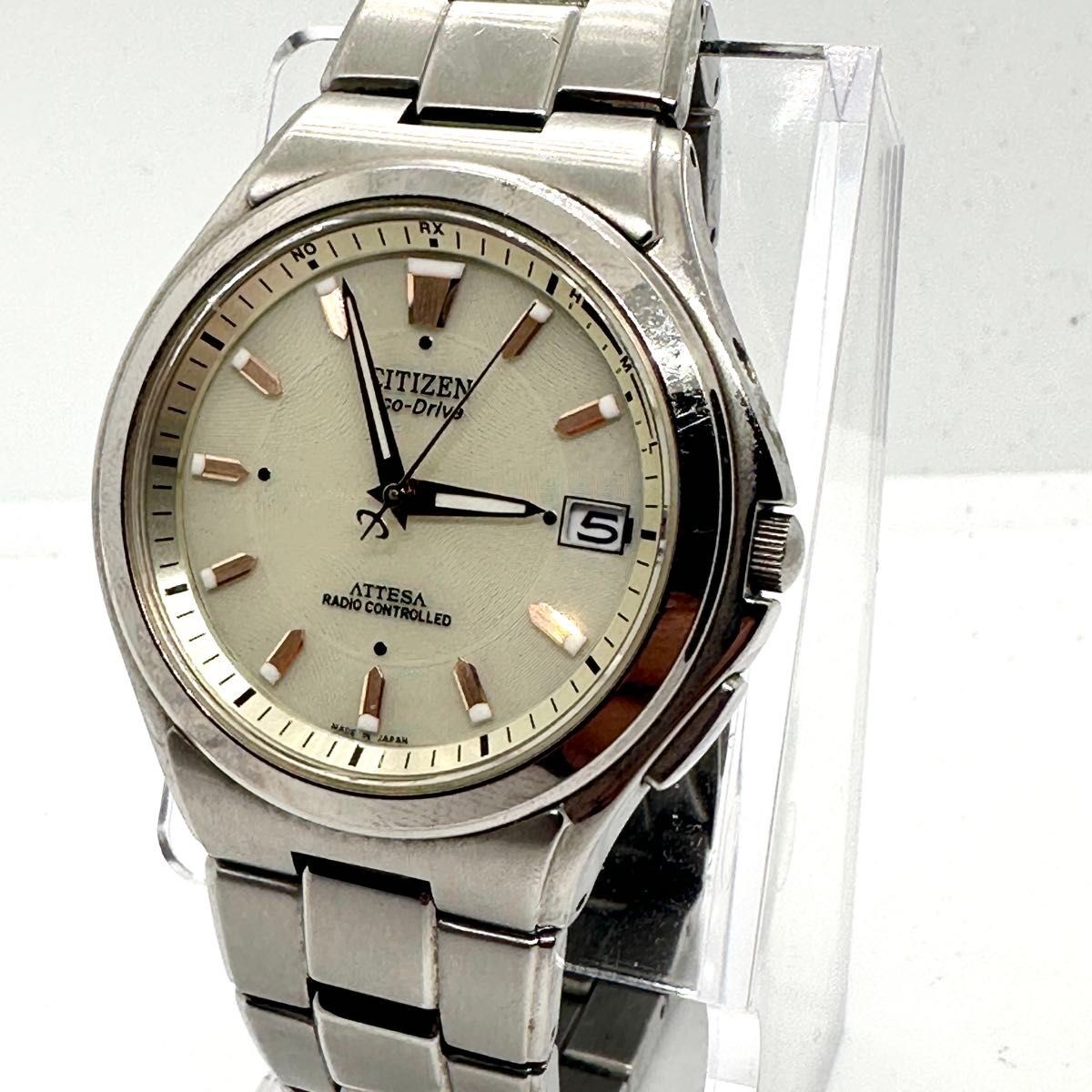 Citizen Attesa Eco-Drive Radio Date Champagne Dial Titanium Watch Japan