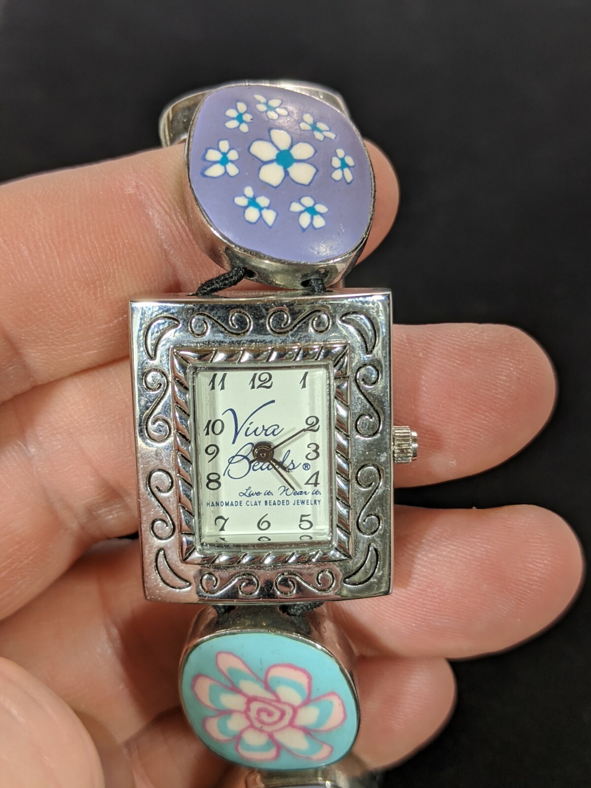 Viva Beads Blue Purple Pink Flower Clay Panel Stretch Band Watch 7 inches