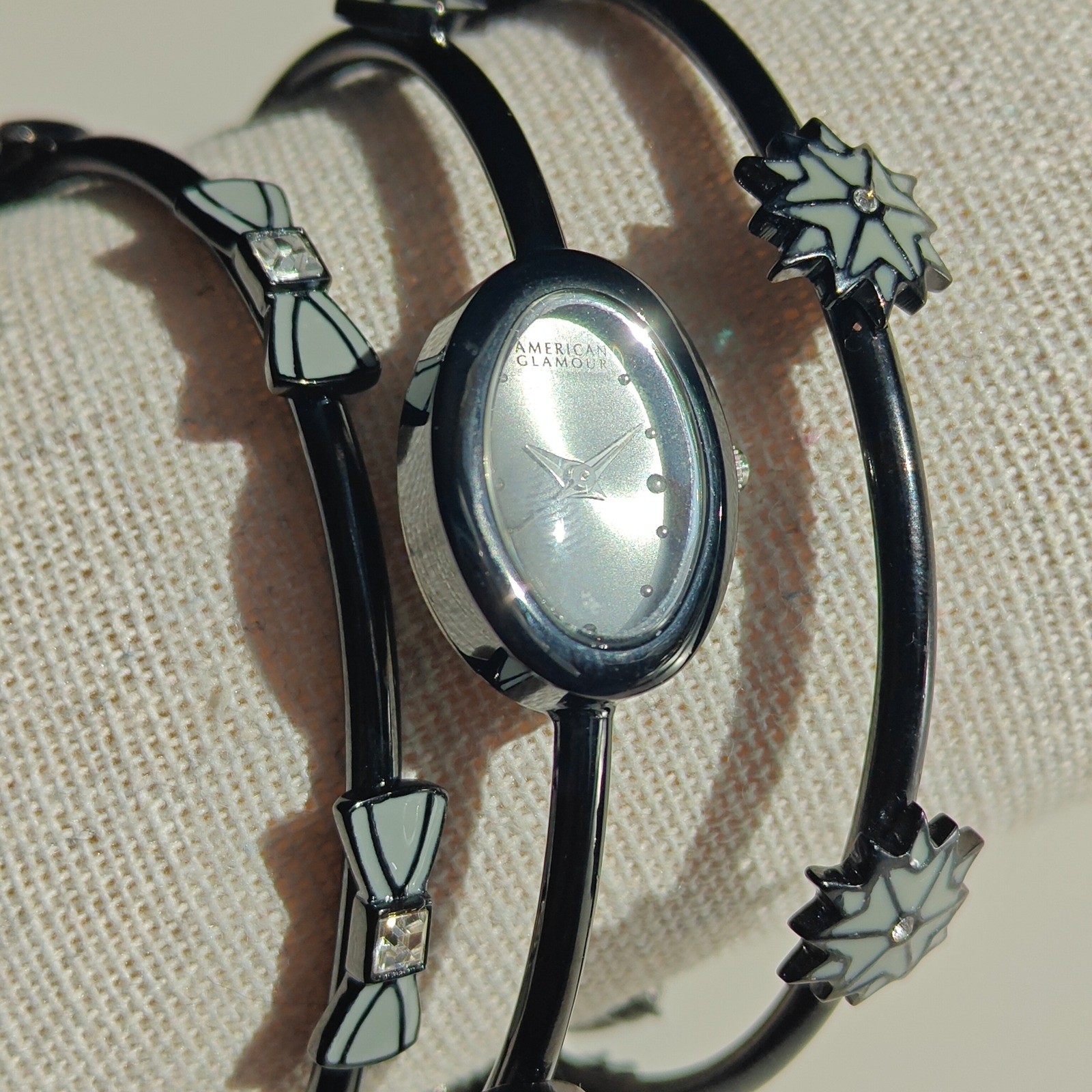 American Glamour Badgley Mischka Black Bangle Watch Set Bow Starburst 3 Piece