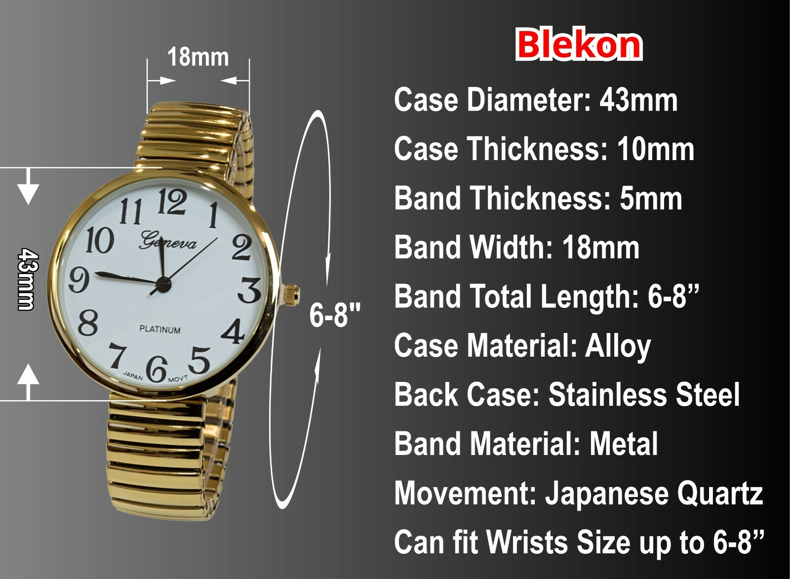 Gold Super Large Size Round Face Stretch Band Easy to Read Geneva Women’s Watch