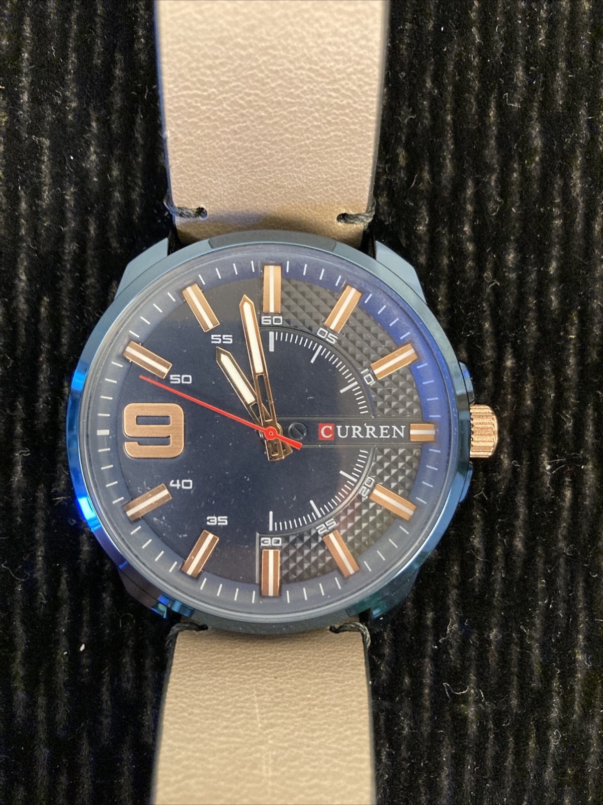 Curren M-8371 Men’s Blue 47mm Analog Watch Brown PU Leather Band New NWOB