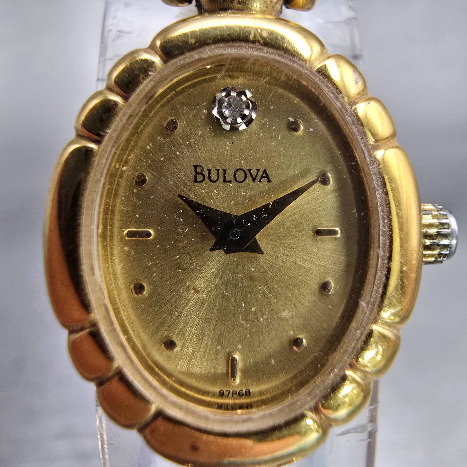 Bulova Watch Women 16mm Gold Dial Gold Tone Oval Diamond Accent New Battery VTG