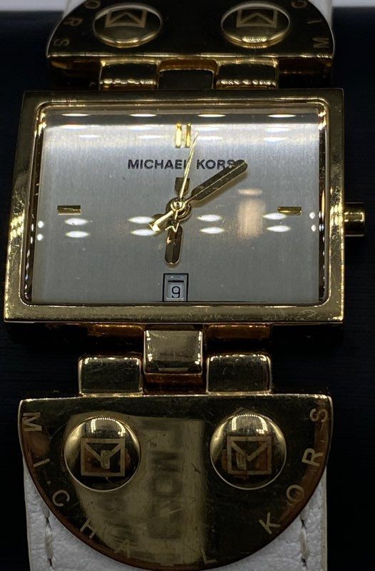 Michael Kors MK-4053 Women’s Gold Tone Square Watch White Leather Band 7″