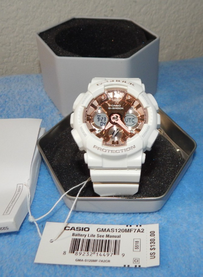 New CASIO G SHOCK White Rose Gold GMA-S120MF-7A2 S Series Analog Digital Watch