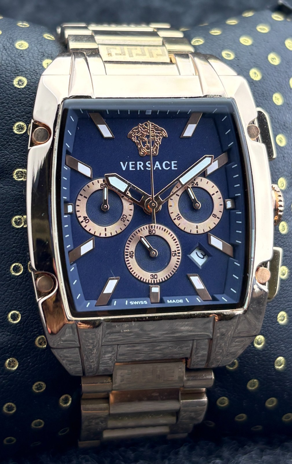 Vintage Versace Dominus Chrono Quartz Blue Dial Rose-Gold Plated Wristwatch.