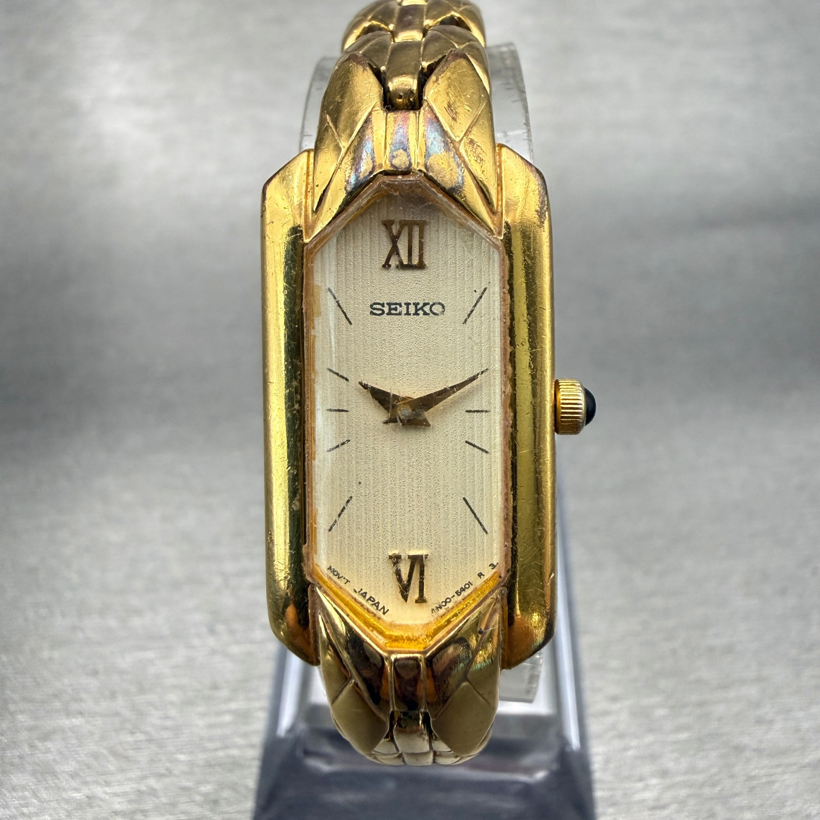 Seiko Watch Women 16mm Cream Dial Gold Tone Rectangle 4N00-6929 New Battery VTG