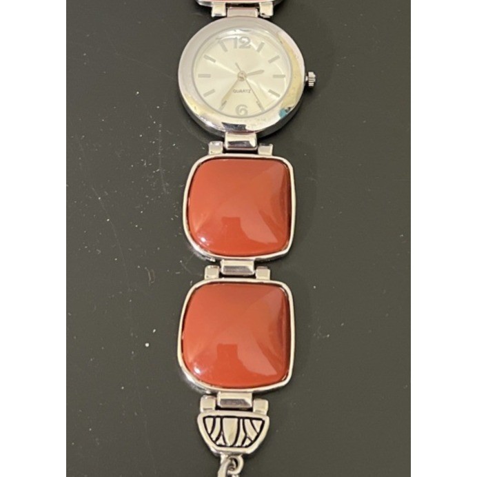 Silver Tone Chunky Bracelet Watch Brick Red Burnt Orange
