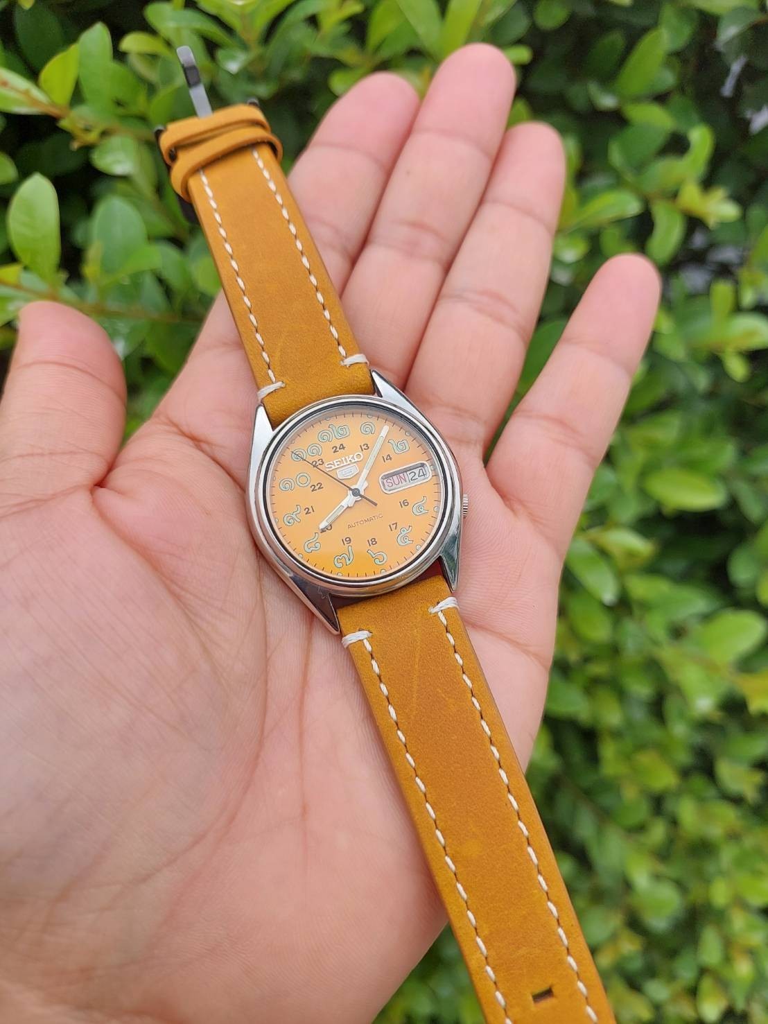 Seiko 5 Automatic 7009 Orange-Thai Numerals Dial with Leather Strap