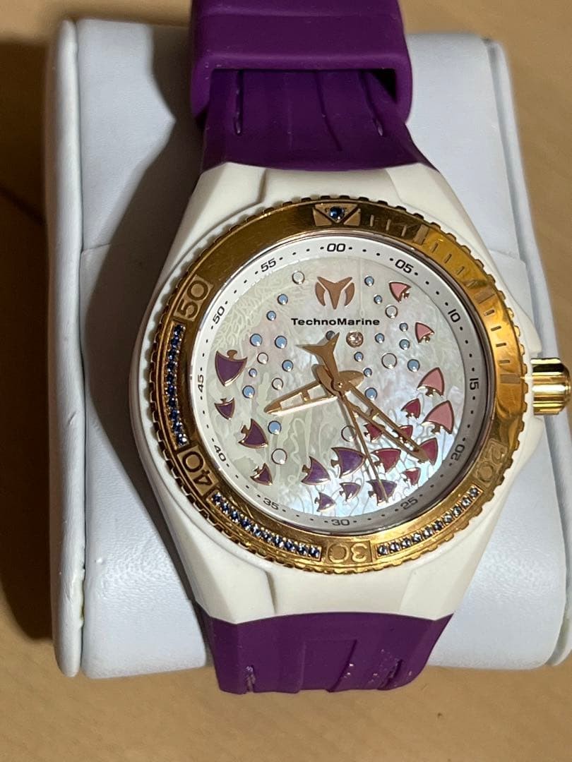 [B1M] TechnoMarine White Purple Dial Plastic Resin Strap Quartz Watch Used [w2w]