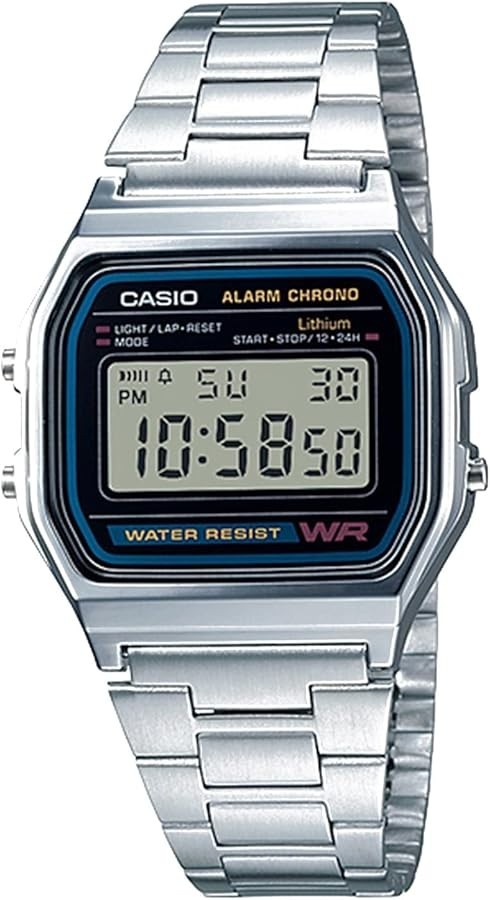 Casio A158WA-1R Digital Watch Unisex Stainless Steel Retro Alarm Chronograph LED