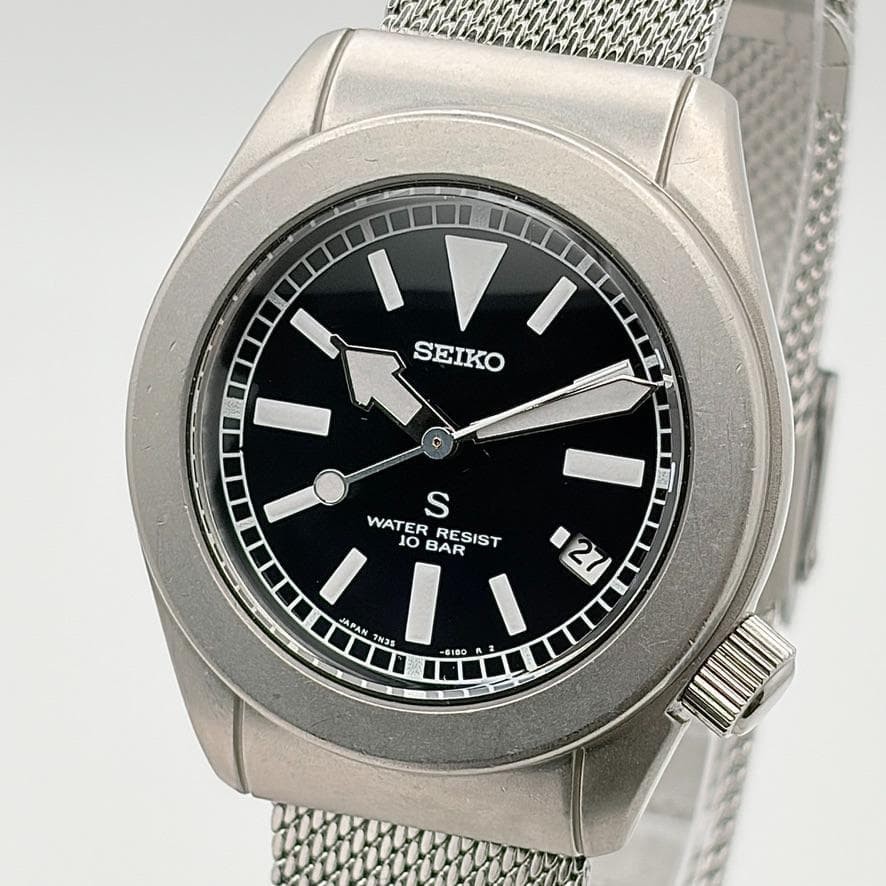 Seiko SUS 7N35 6150 Quartz Date Watch Black Dial 19.5cm7.7in New Battery Working