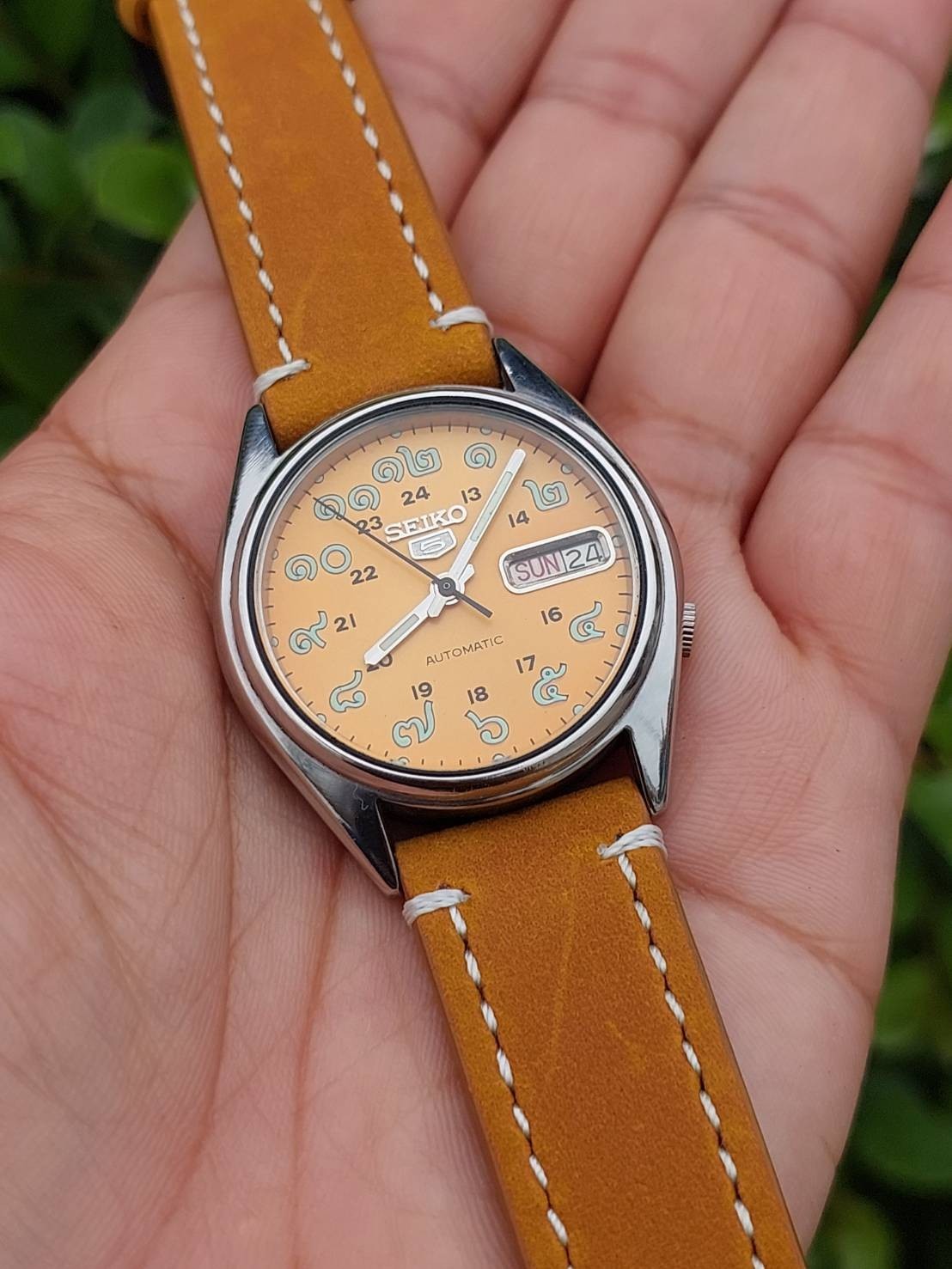 Seiko 5 Automatic 7009 Orange-Thai Numerals Dial with Leather Strap