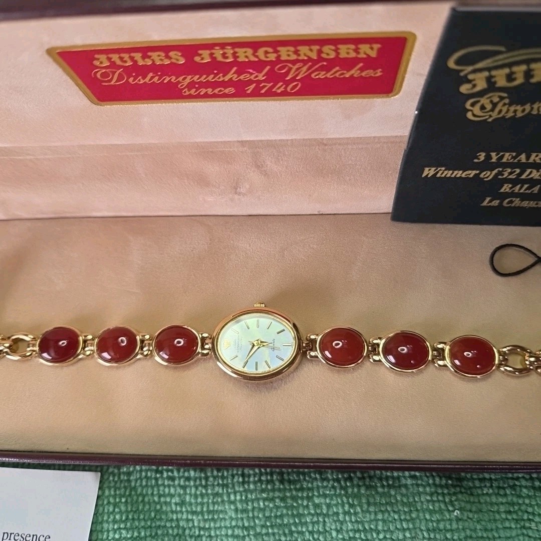 Vintage Jules Jurgensen Watch Genuine Carnelian Gemstones Gold Tone Luxury NOS