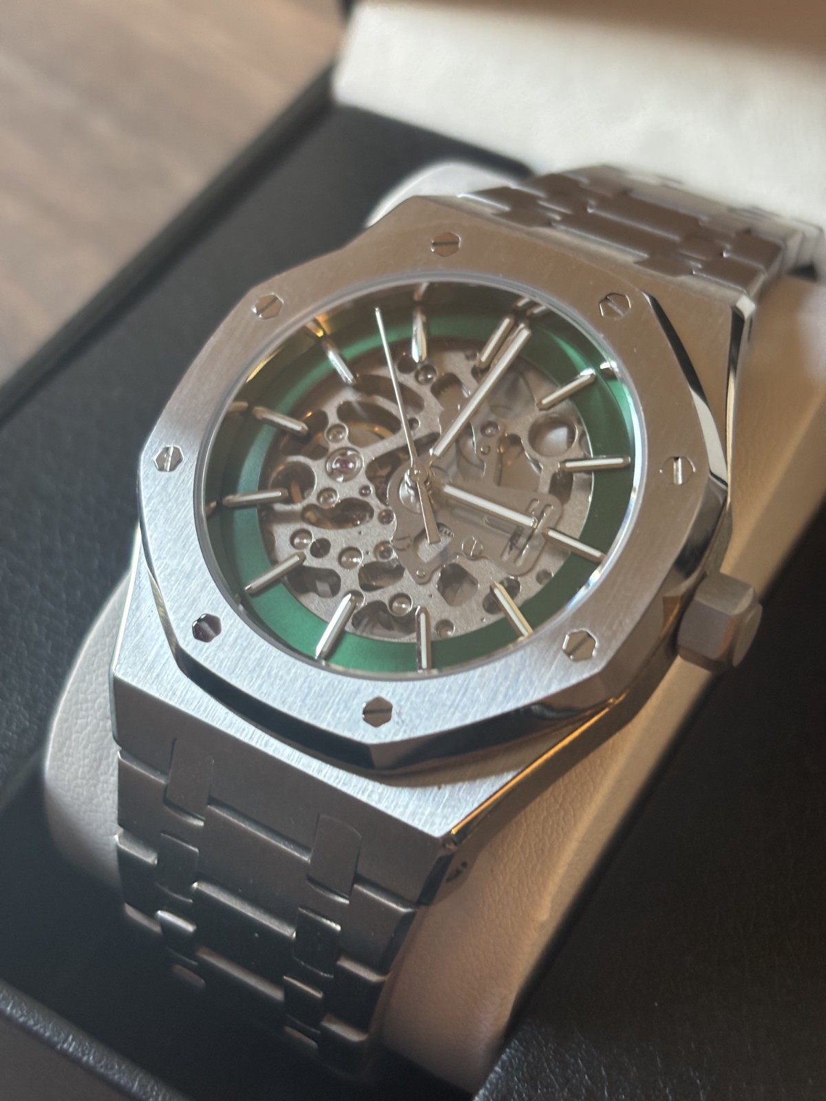 Custom 41mm Brushed “RO” Style open skeleton green dial NH70