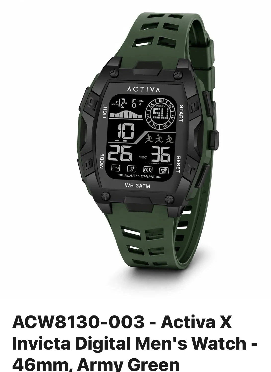 Activa X Invicta ACW8130-003 Mens Digital Sport Watch 46mm Army Green New