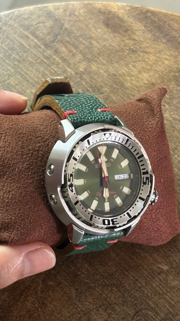 ⁠Seiko Custom DIVER 4R36 AUTOMATIC “Baby Tuna” Green Dial Toad Leather Watch
