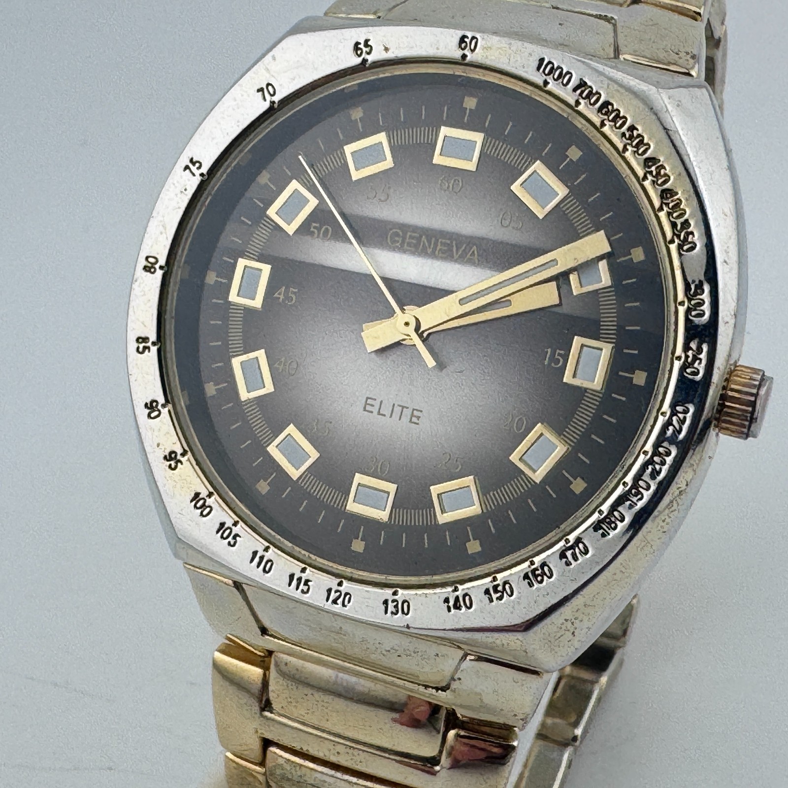 Geneva Elite Quartz Watch Men 42mm Gold Tone Steel Band Analog New Battery 8″