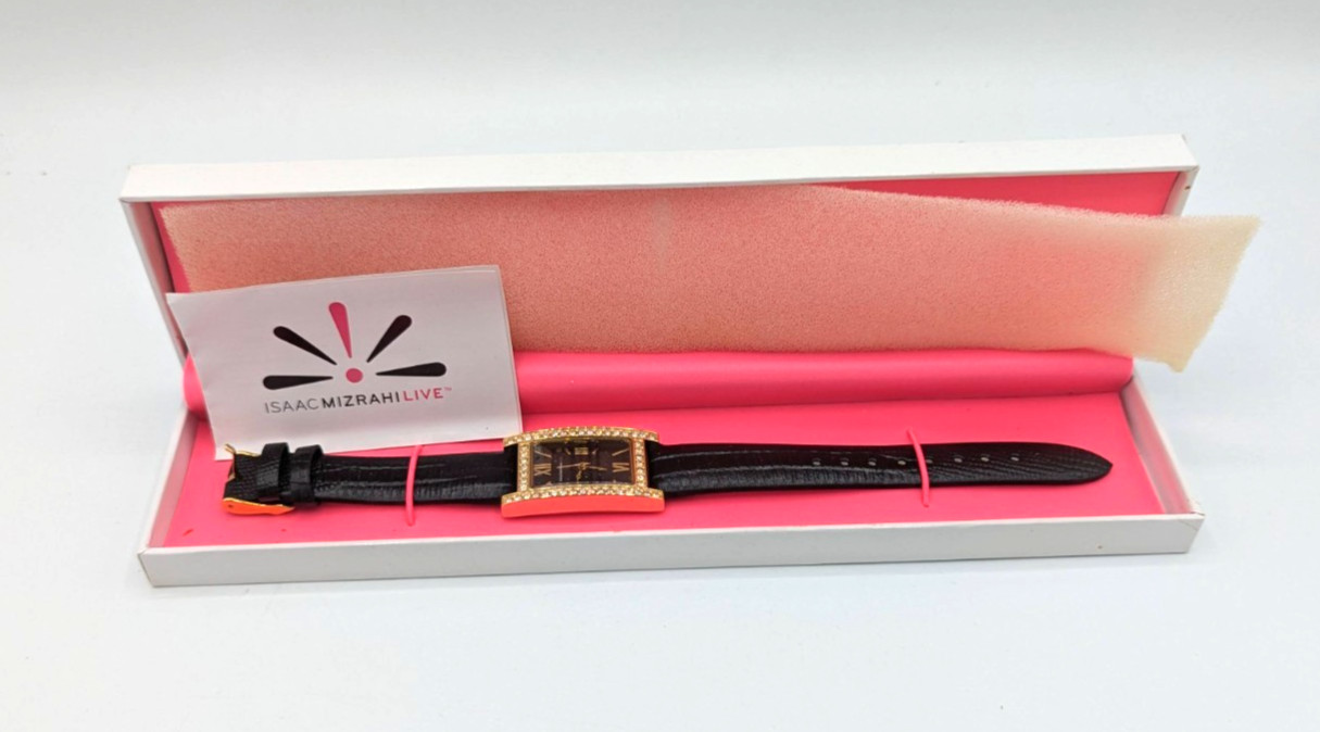 Isaac Mizrahi Live Ladies Wristwatch Black Leather Rhinestones New In Box