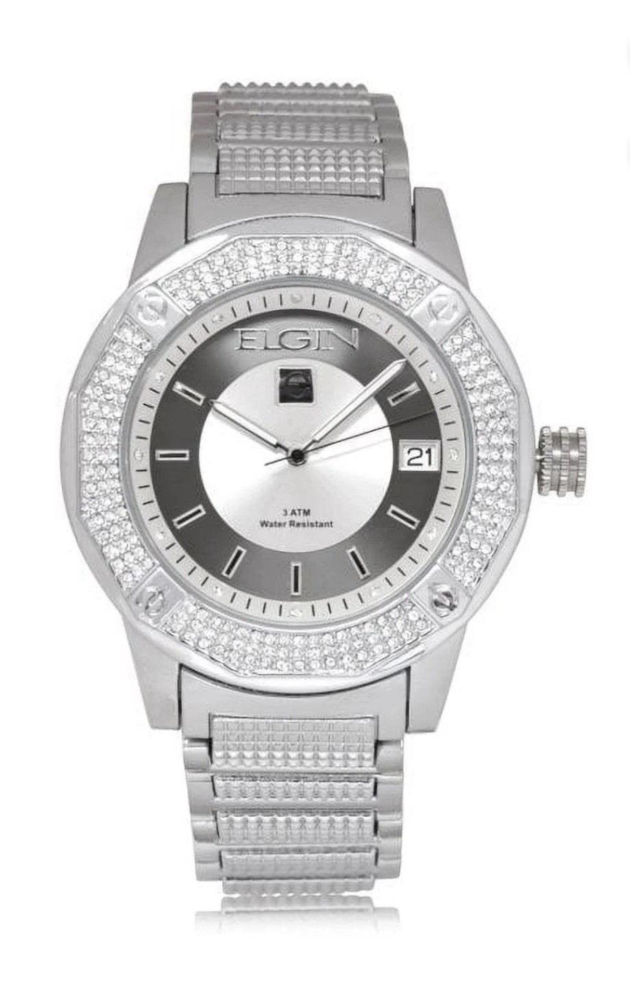 Elgin Men’s Watch 216 Crystals Diamond Indices Date Window SS Band 46mm FG160032
