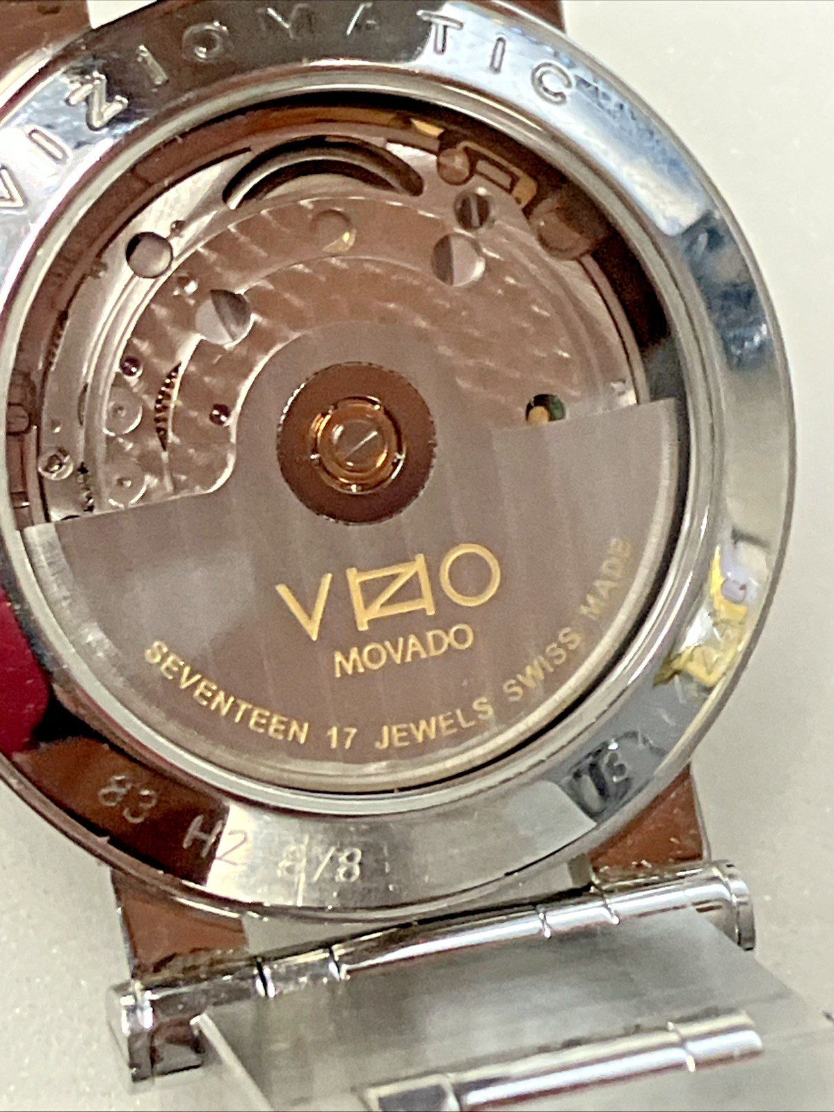 Movado 83H2878 Viziomatic Swiss Made 17 Jewels Kinetic Movement Exhibition Back