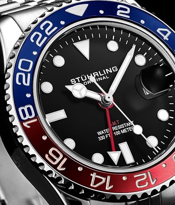 Stuhrling Meridian 3968.2 GMT QUARTZ Pepsi Black Dial Blue & Red Bezel Jubilee