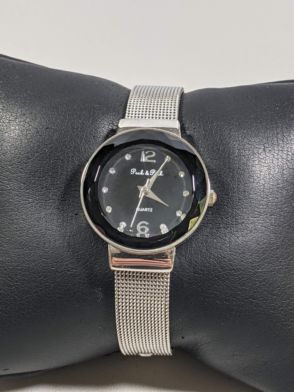 Peck & Peck Black Dial Raised Crystal Silver Tone Mesh Style Band Watch 8.5 In.