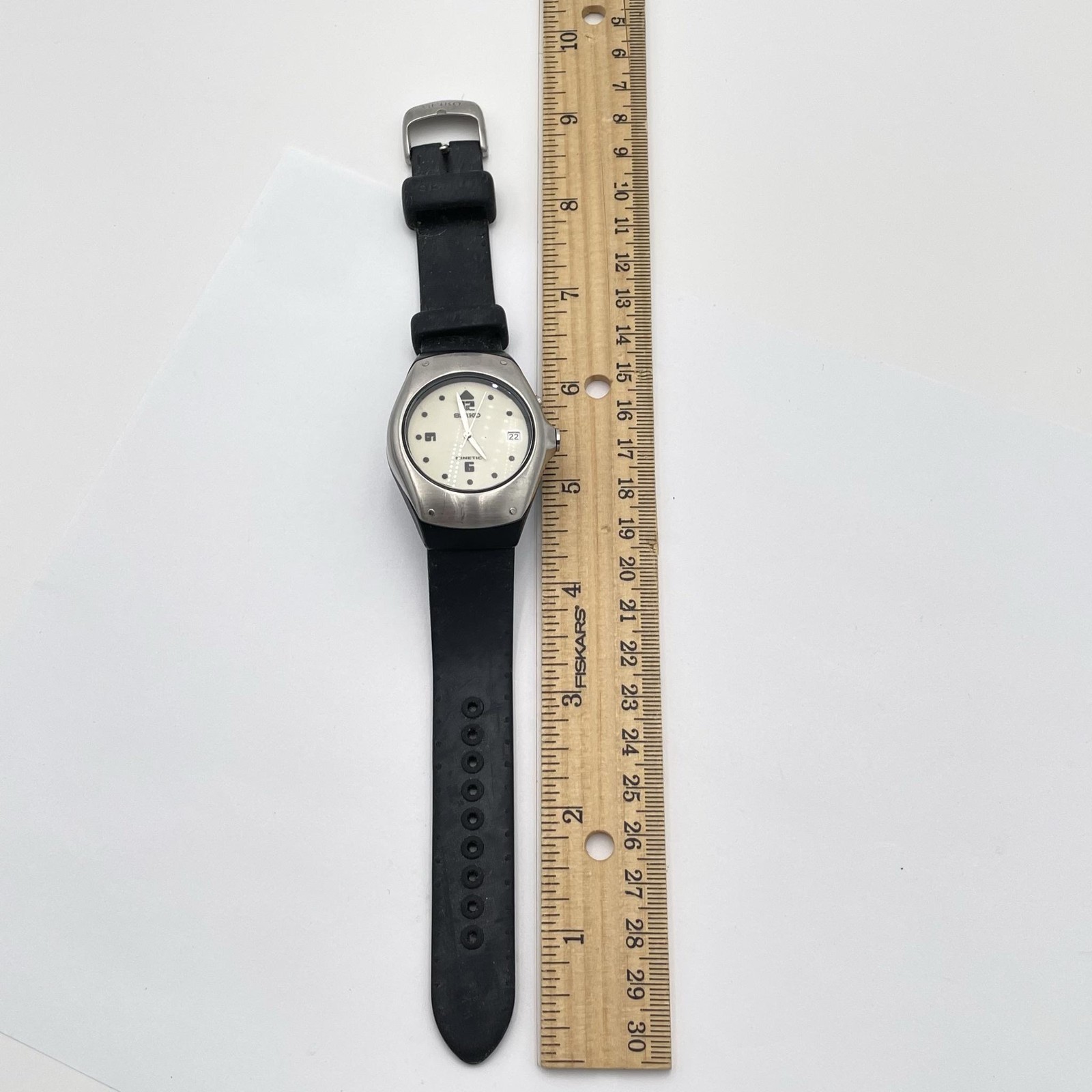 Vintage Seiko Kinetic Watch Mens Cream Dial Black Rubber Strap 5M42-0E40 Japan