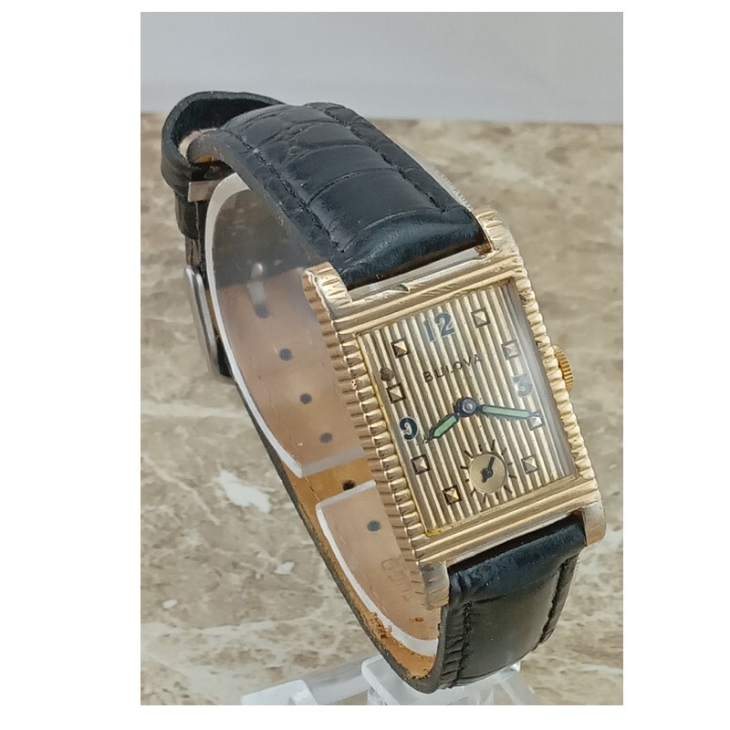 Vintage 10k Gold Swiss Fancy Oblong Bulova Academy Award Gents Wrist Watch 1950