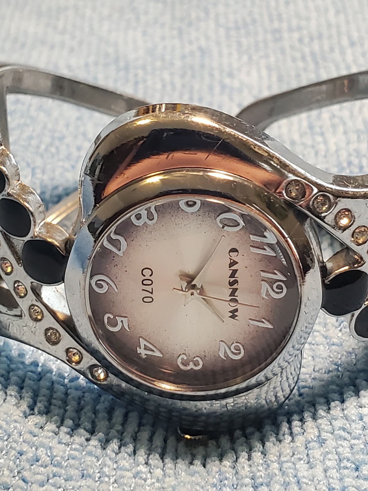 CANSNOW QUARTZ LADIES BANGLE WATCH GRAY ANALOG PUSH/PULL STAINLESS STEEL NEW