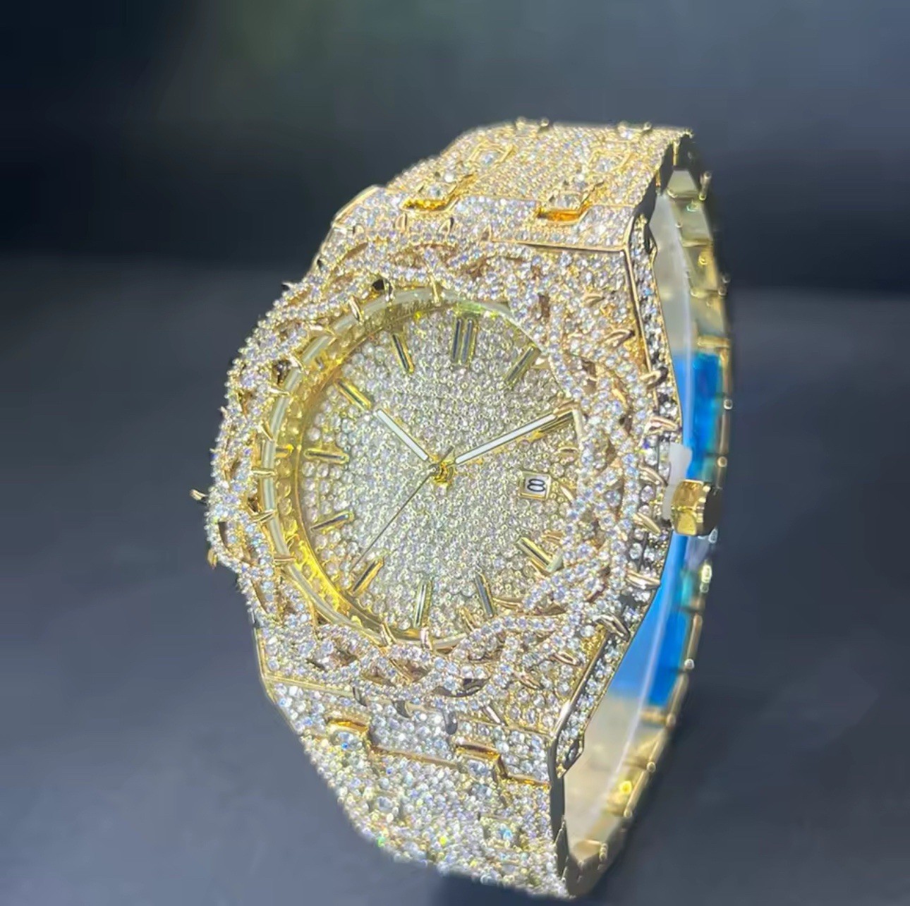 MISSFOX Full Diamond Men’s Hip Hop Quartz Watch Bling Flower Design Luxury