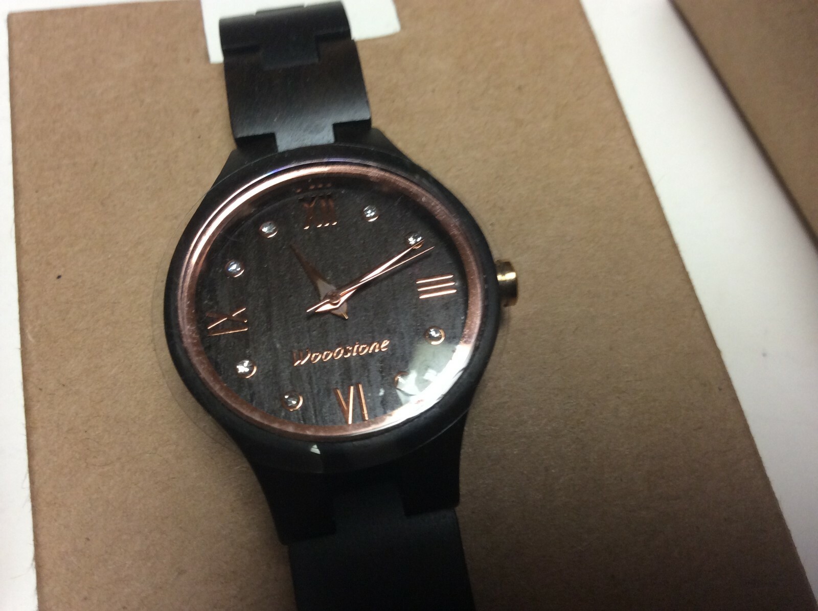 NOS Woodstone womens watch, black sandalwood case & band,w/box & papers-L1200