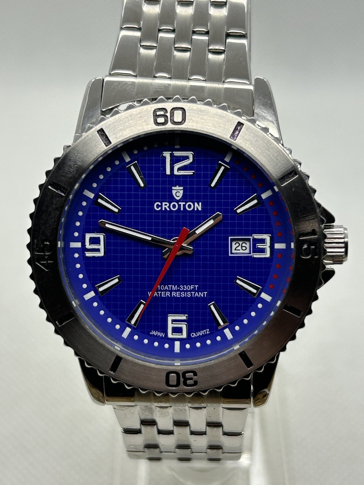 Japan Croton Aquamatic CA301288 WR 10ATM Blue Dial Silver Bezel Date Watch, 44mm