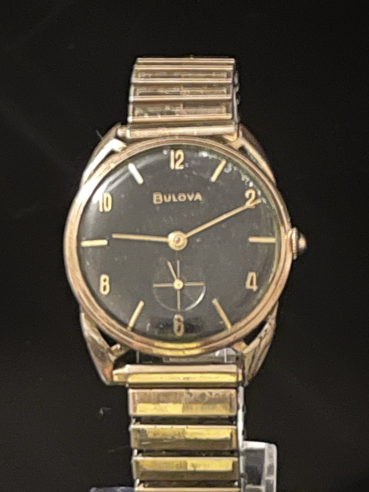 1957 Bulova L7 Mens Black Dial Manual Wind Watch 10K Rolled Gold Plate 32mm Runs