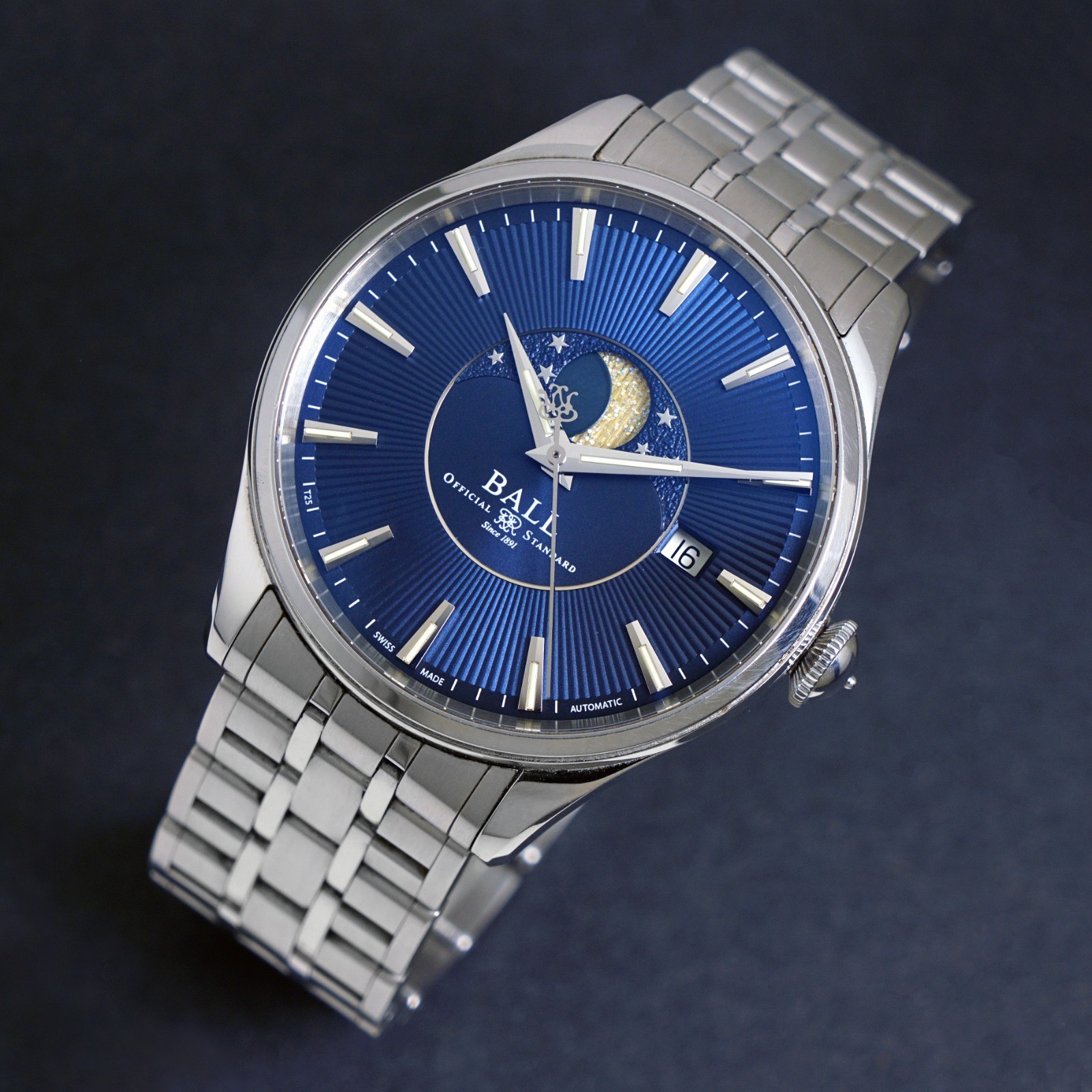 Ball Trainmaster Moon Phase Stainless Steel Blue Dial Watch, Box & Papers