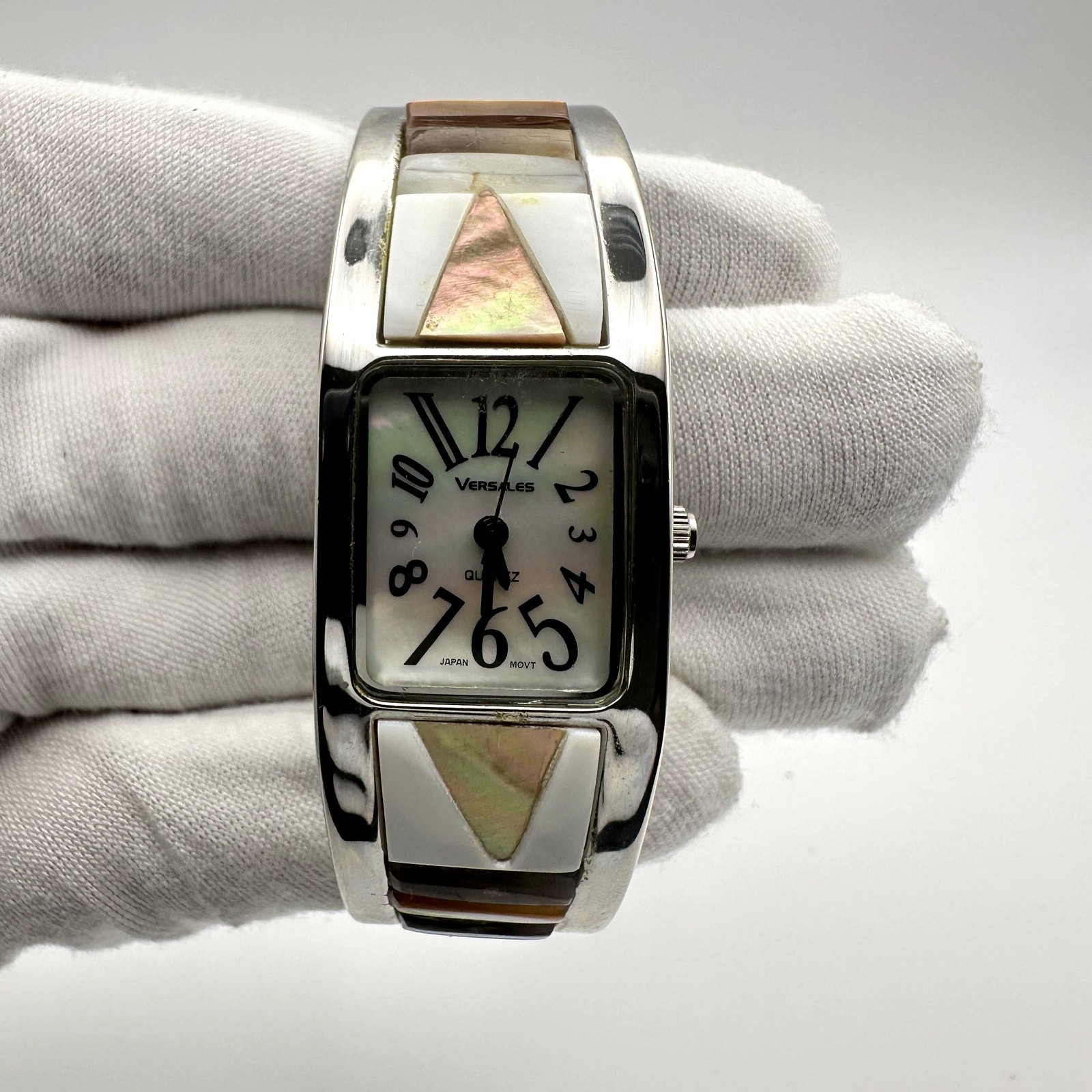Versales Quartz Bangle Watch Silver Tone Rectangular Dial Mother of Pearl