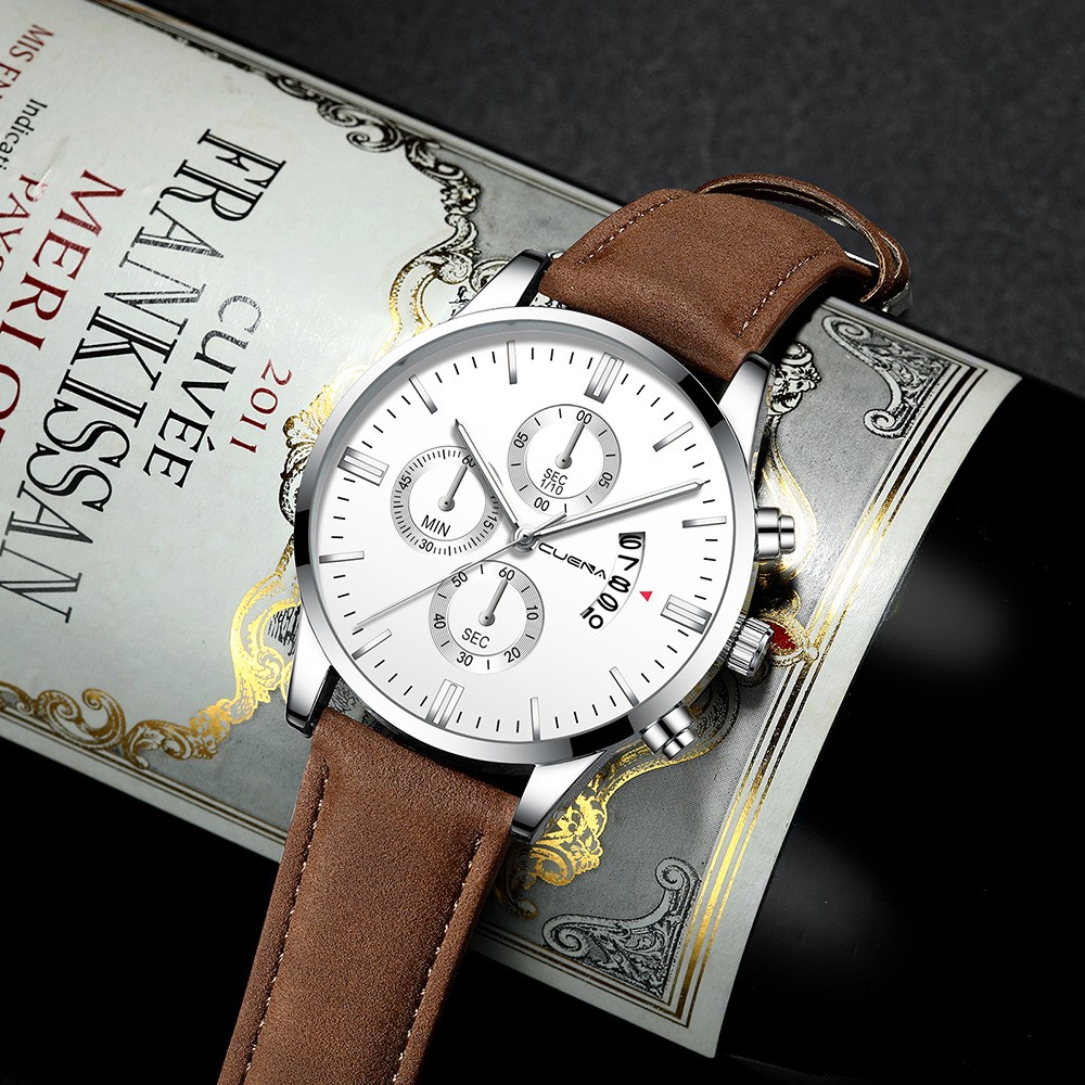 Fashion Sport Men’s Stainless Steel Case Leather Band Quartz Analog Wrist Watch