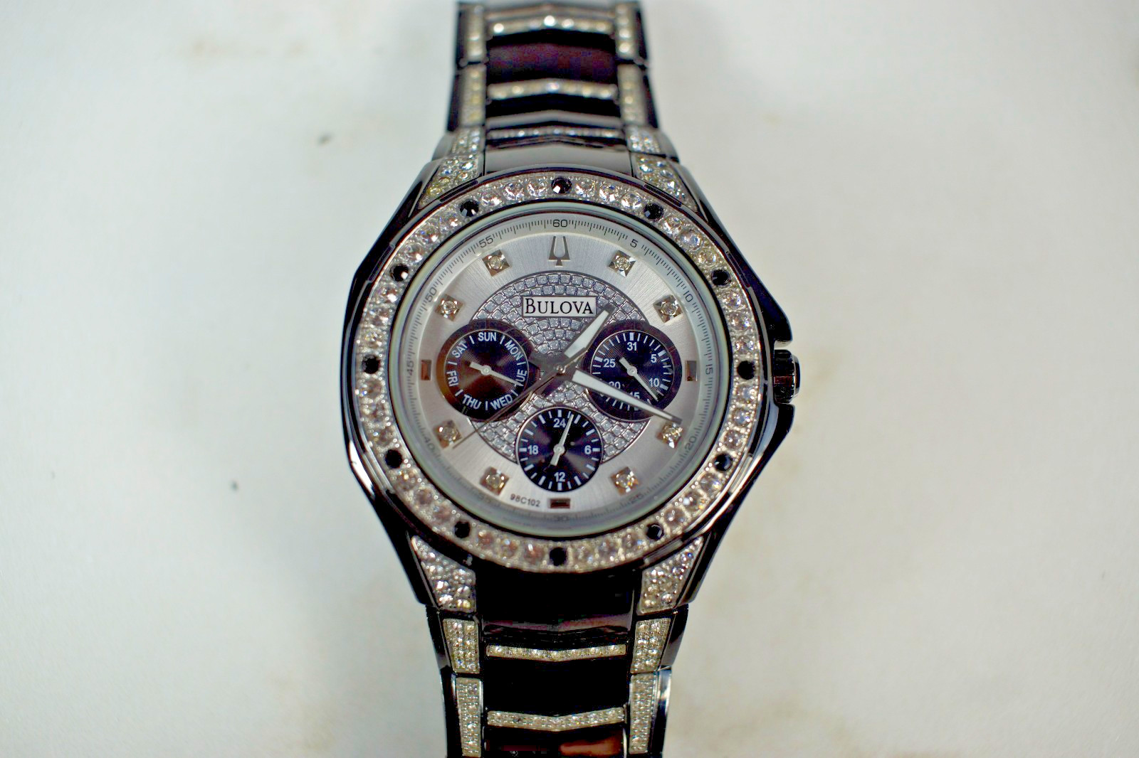 “The Anniversary Watch” – Bulova 98C102 Mens Black Crystal Accent Quartz 43mm