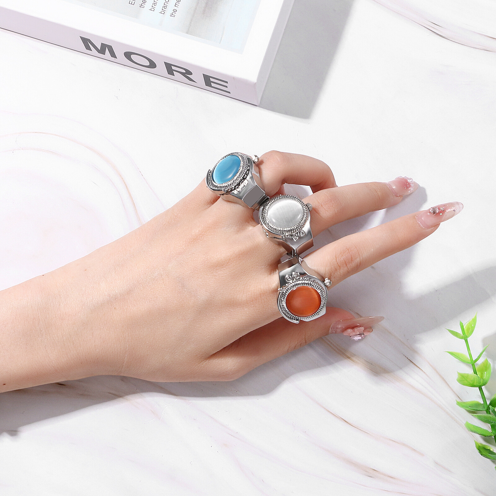 Creative Finger Ring Quartz Watch Charm Opal Inlay Stainless Steel Elastic Band