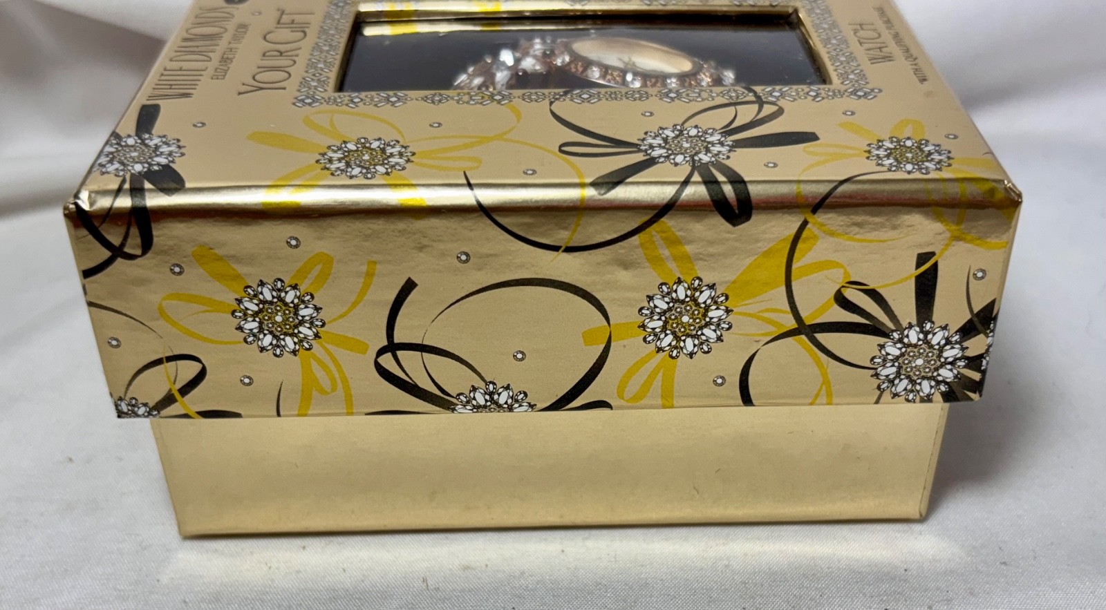 ELIZABETH TAYLOR WHITE DIAMONDS Floral Rhinestone Gold Tone Watch in Box