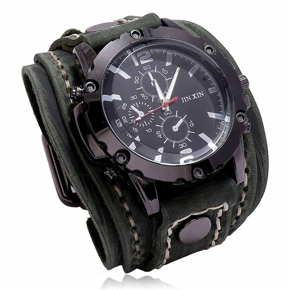 Military Retro PU Leather Strap Watch – Men’s Punk Quartz Cuff Wristwatch
