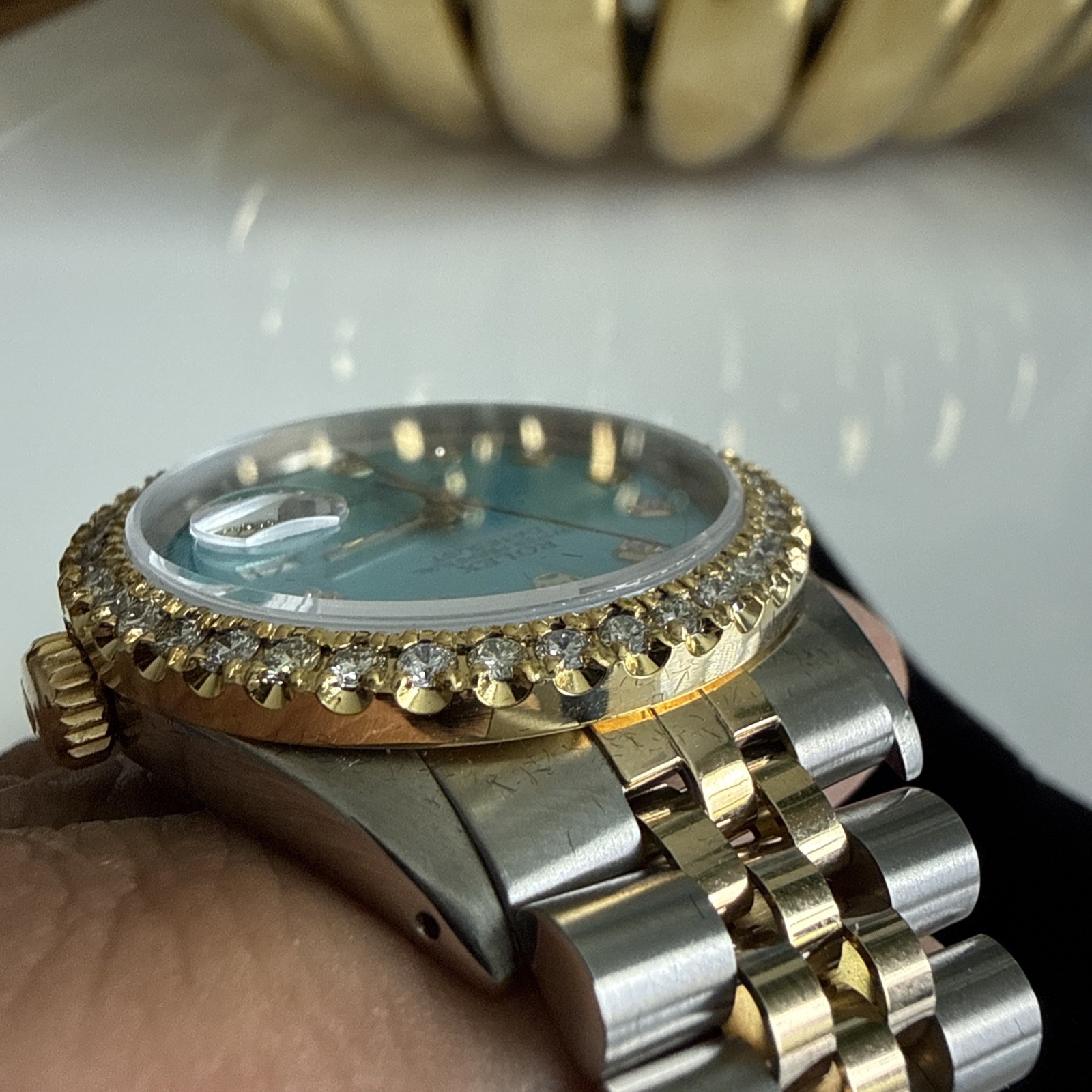 Rolex Datejust 2 Tone White Gold Diamond Bezel Custom Tiffany Blue Dial 36mm